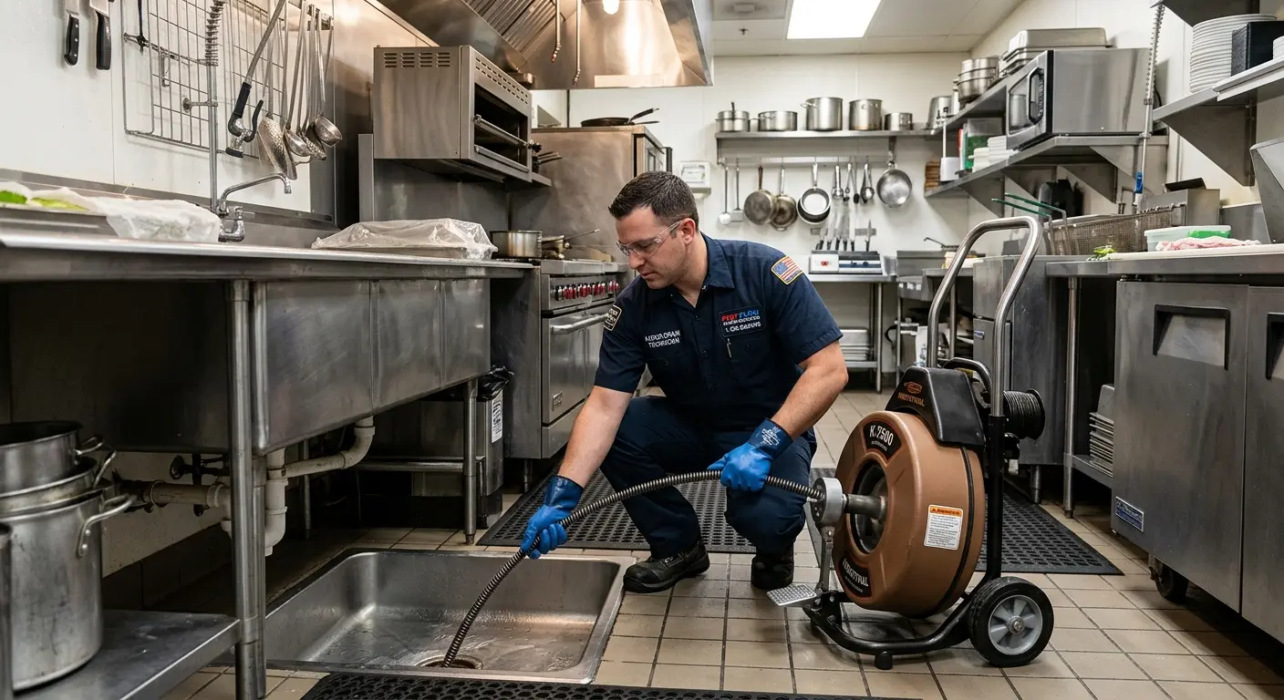 Commercial drain cleaning service in a restaurant kitchen in Oak Harbor