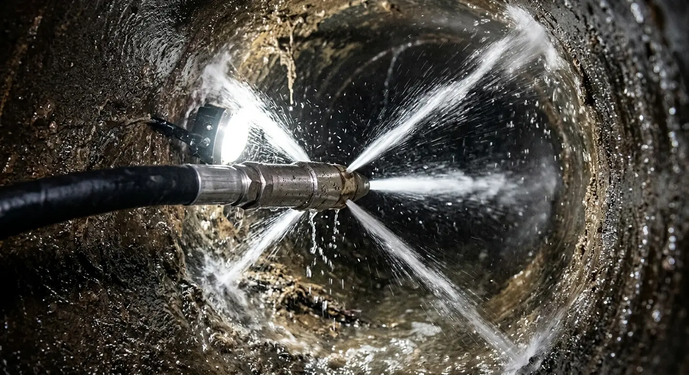 High-pressure hydro jetting nozzle cleaning sewer pipe for Sewer Cleanout in Oak Harbor