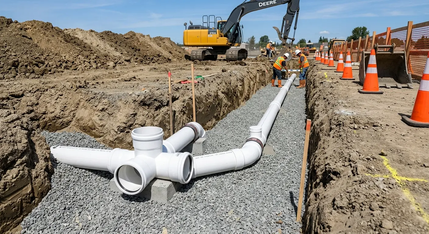 New PVC sewer pipe installation in open trench for Sewer Backup in Oak Harbor