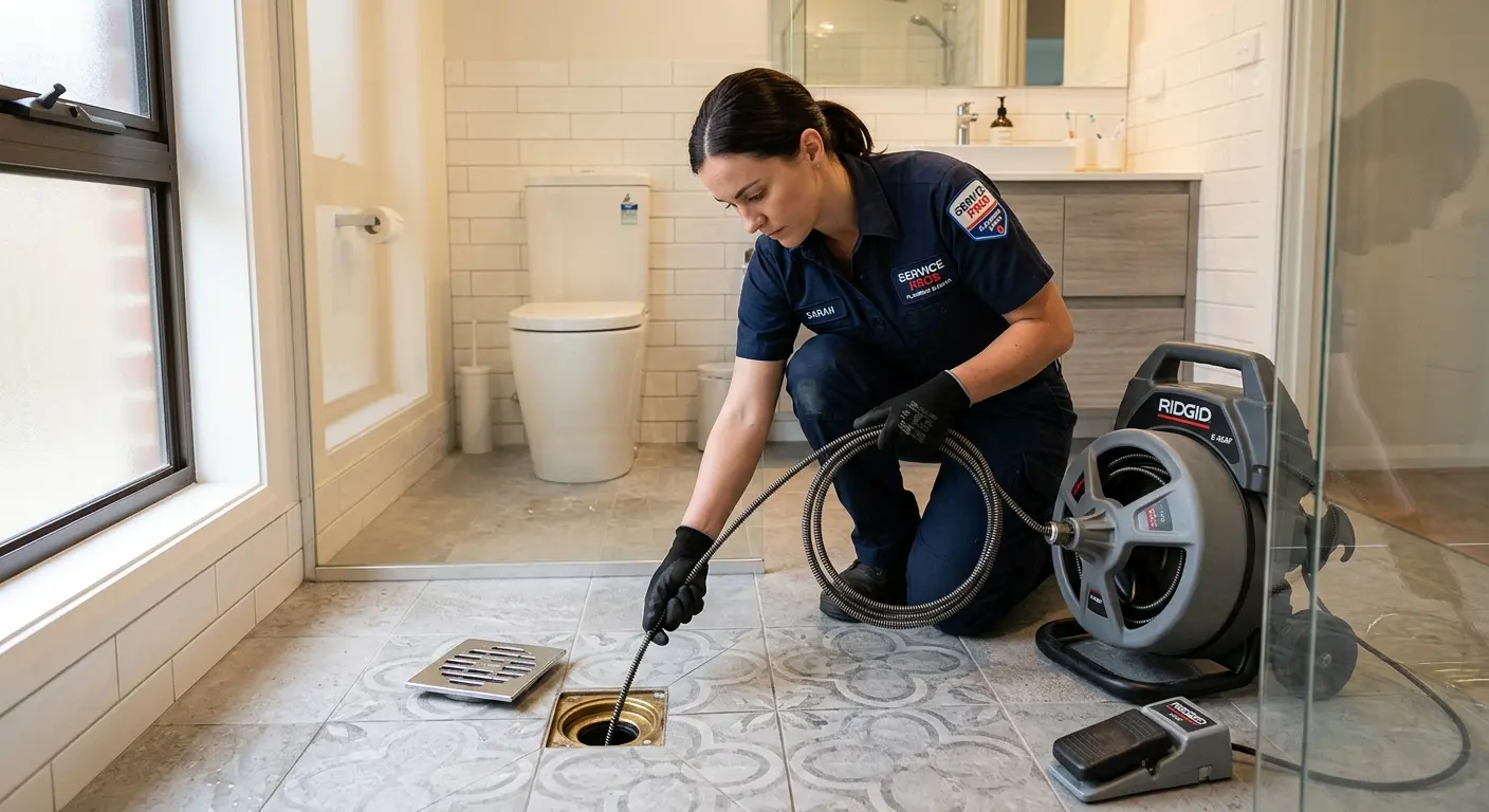 Technician clearing a bathroom floor drain for Drain Cleaning in Oak Harbor